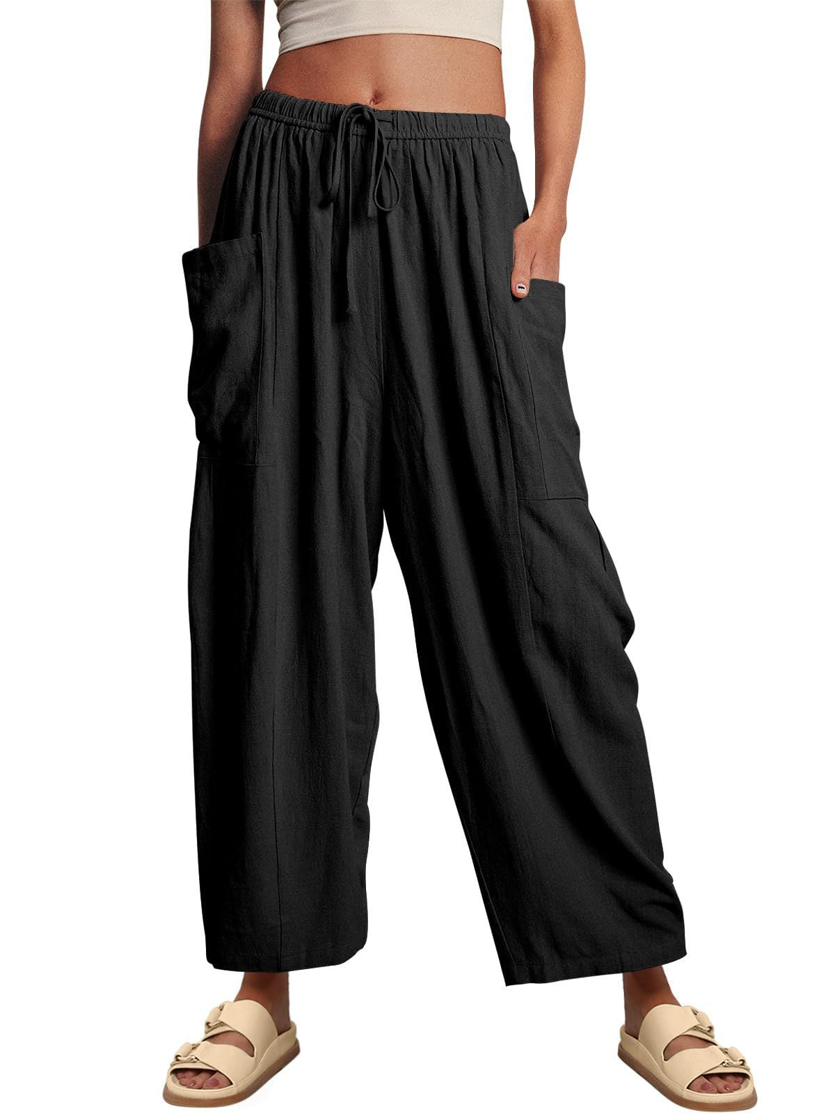 Elastic Waist Pleated Loose Casual Cotton Pants
