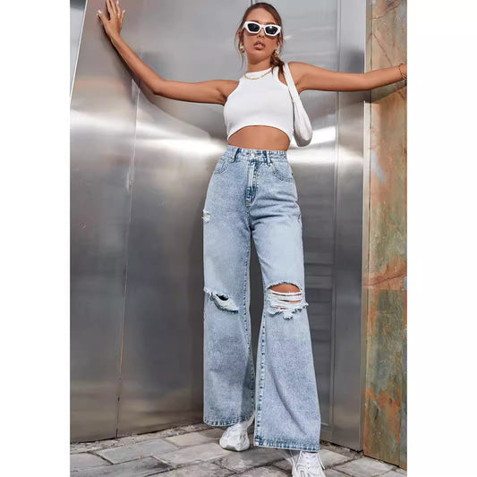 Women's Holes High Waist Wide Leg Casual Pants
