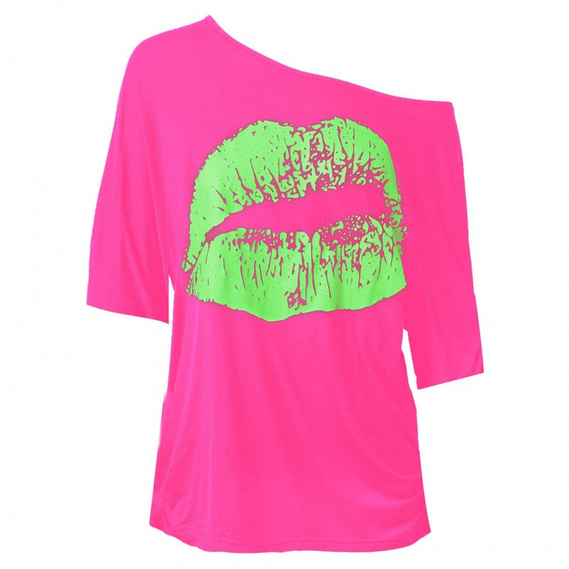 Women's Nostalgic Big Lip Printings Generation Shoulder Blouses