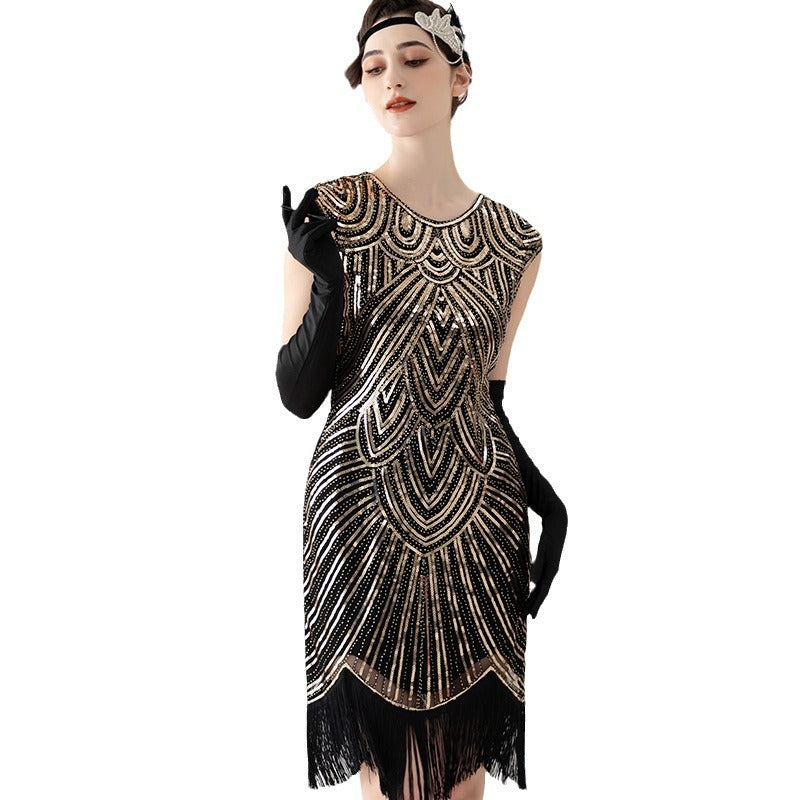 Vintage Sequined Tassel Dress Party Dance Evening Dresses