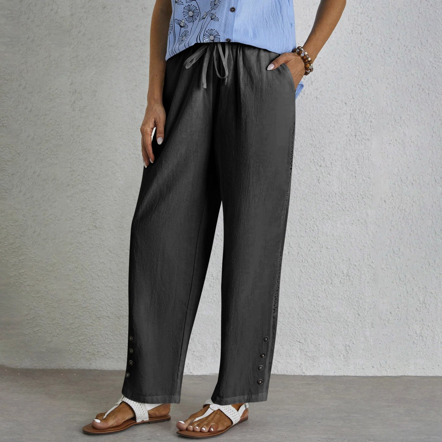 Women's Cotton Linen Drawstring Pocket Lace Button Pants