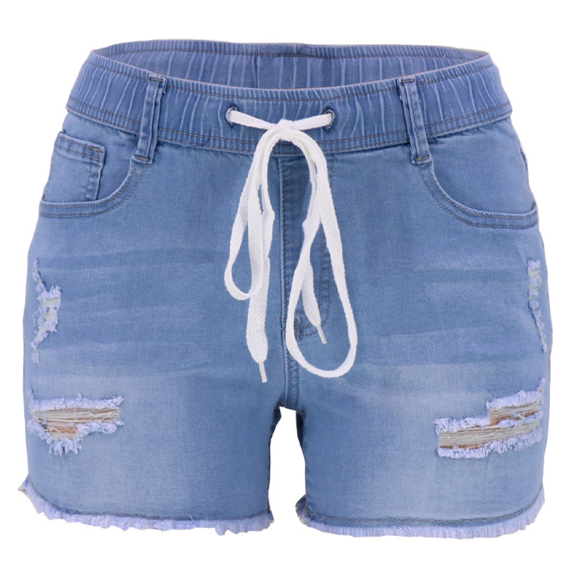 Women's Summer Elastic Rope High Waist Ripped Jeans