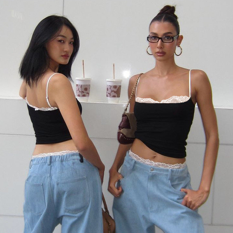 Hot Style Personality Stitching Contrast Color Tops