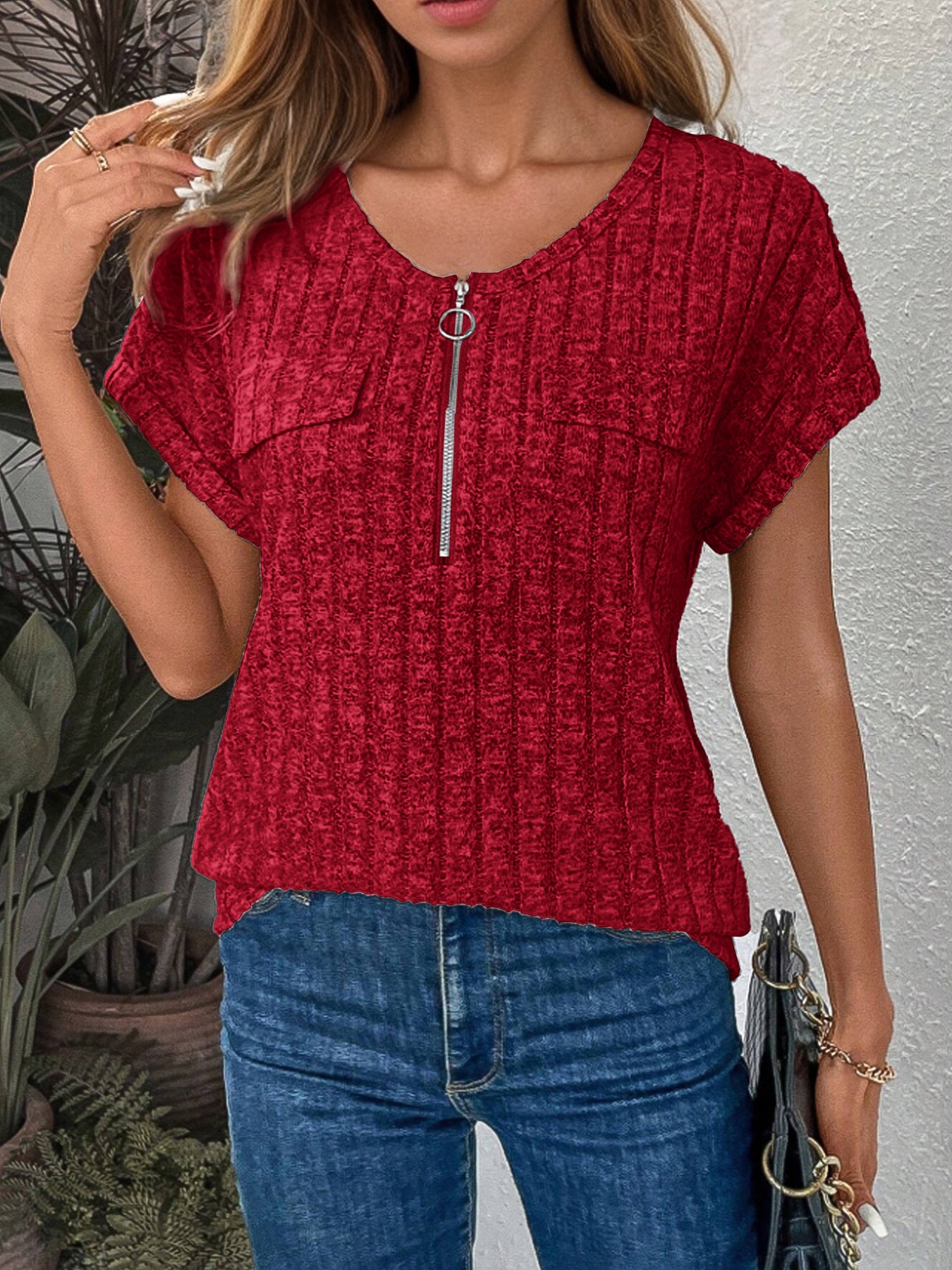 Solid Color Zipper Sleeve Faux Pocket Blouses