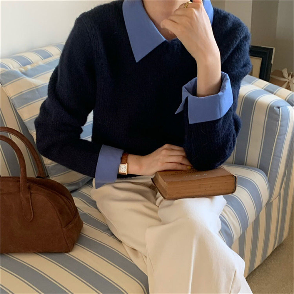 Women's Stitching Shirt Collar Fake Two-piece Knitted Sweater