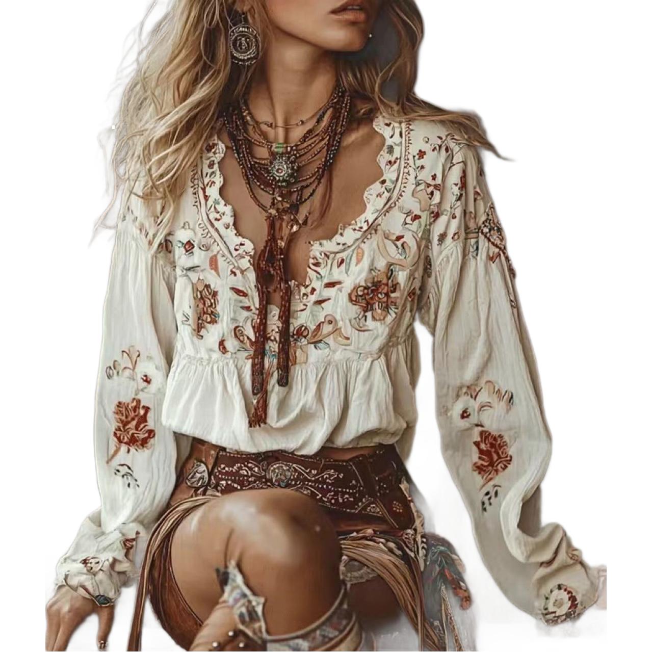 Spring Collar Printed Lace Stitching Bohemian Blouses
