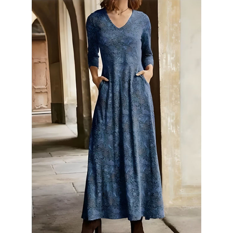 Autumn Cotton Printed Pocket Long Sleeve Dresses