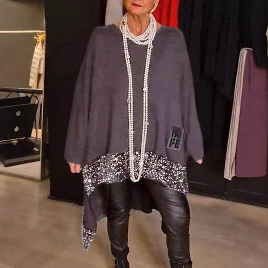 Irregular Hem Sequin Stitching Round Neck Blouses