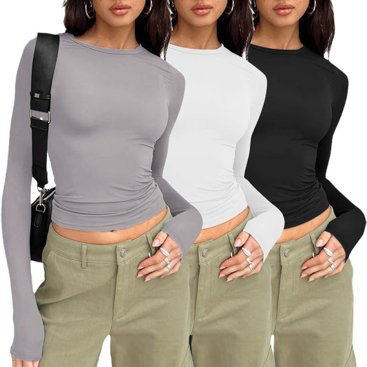 Women's Long-sleeved Solid Color Slim Pullover T-shirt Blouses