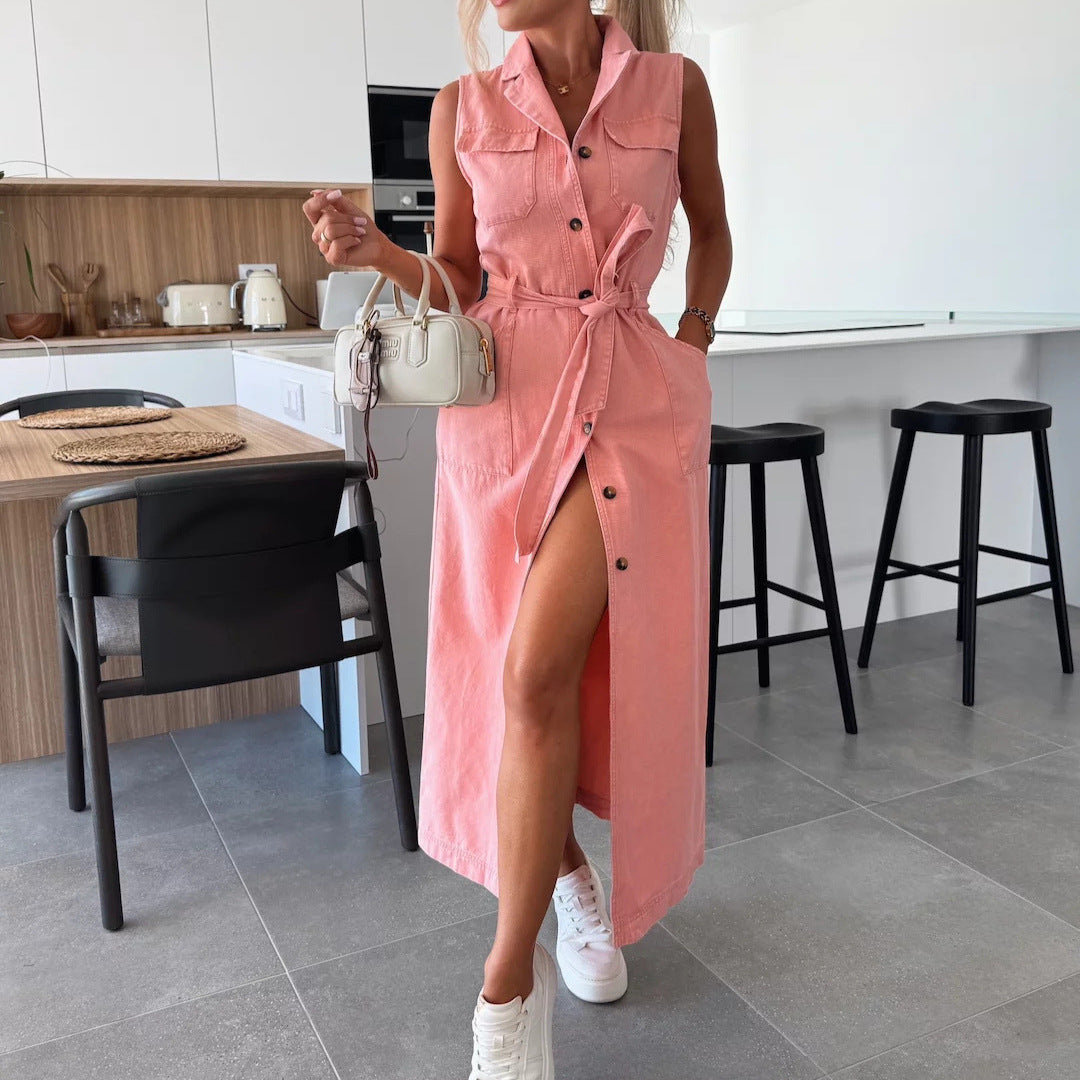 Sleeveless Long Tie Waist Single-breasted Denim Dresses