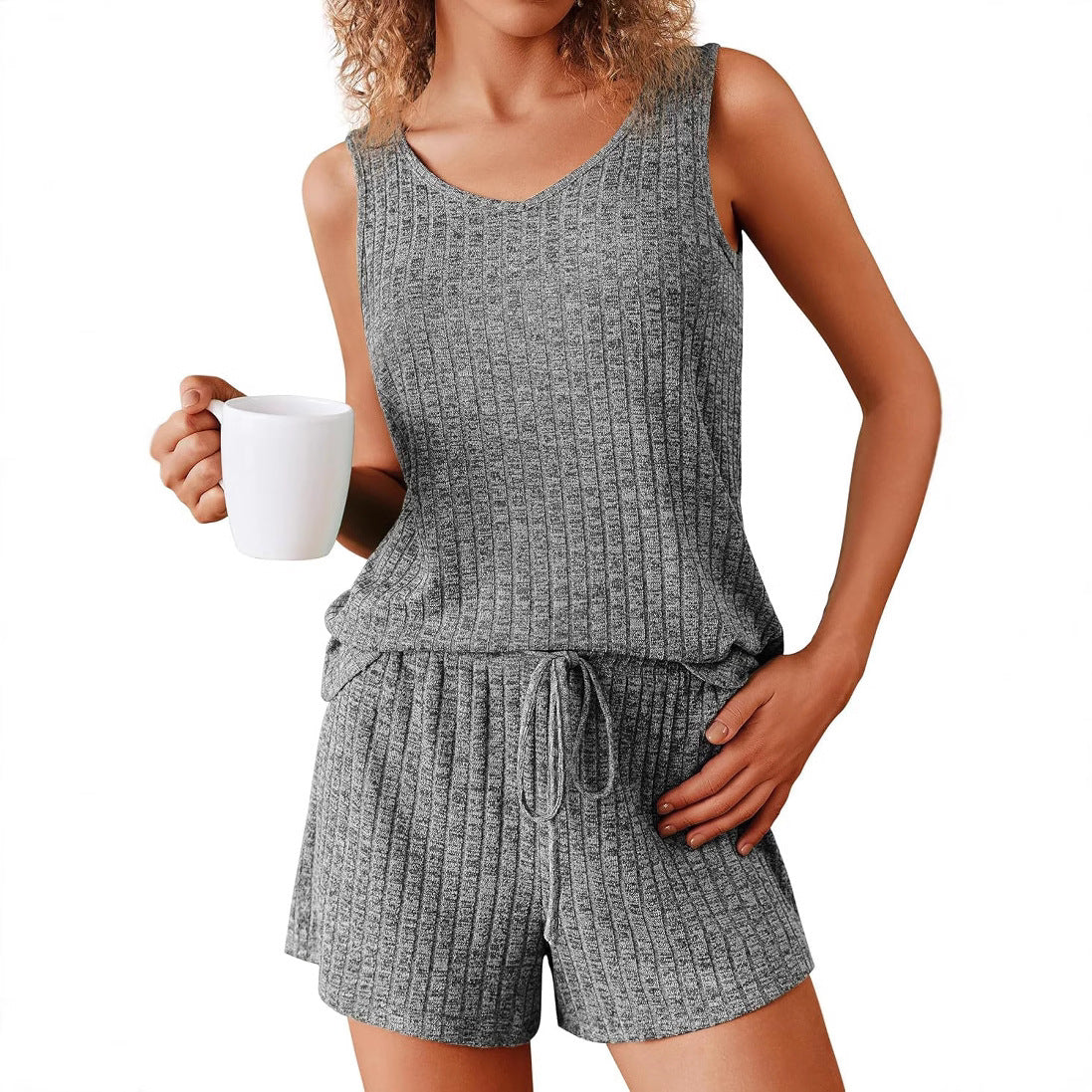 Women's Sleeveless Pajamas Rib Knitted Summer Suits