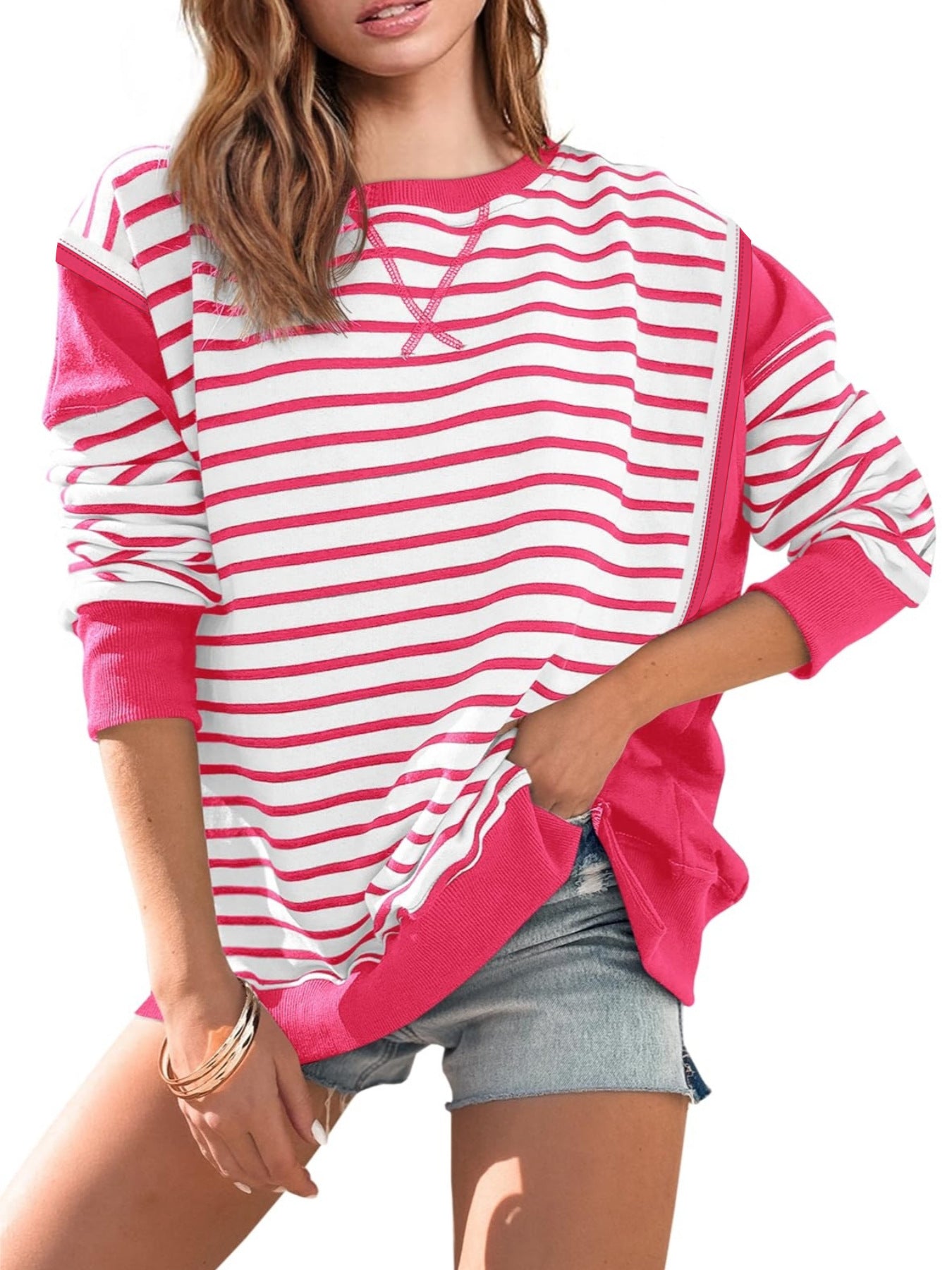 Women's Striped Contrast Color Long Sleeves T-shirt Blouses