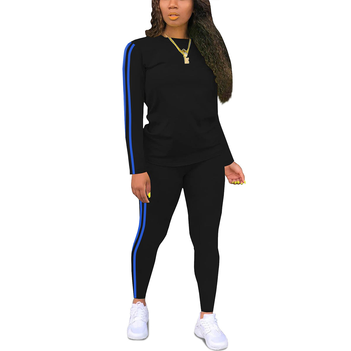 Women's Round Neck Long Sleeve Patch Trousers Side Fashion Casual Suit