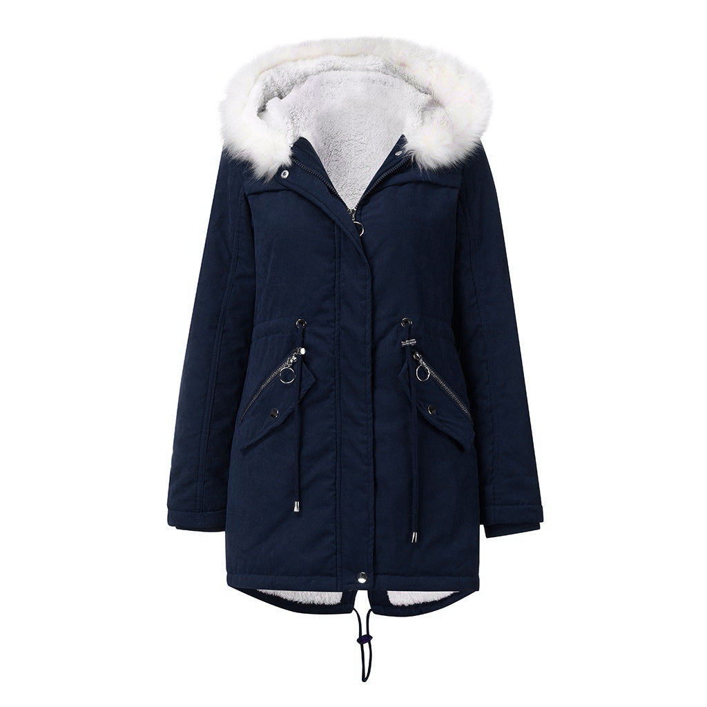 Women's Fur Collar Parka Mid-length Hooded Winter Warm Veet Woman Coats