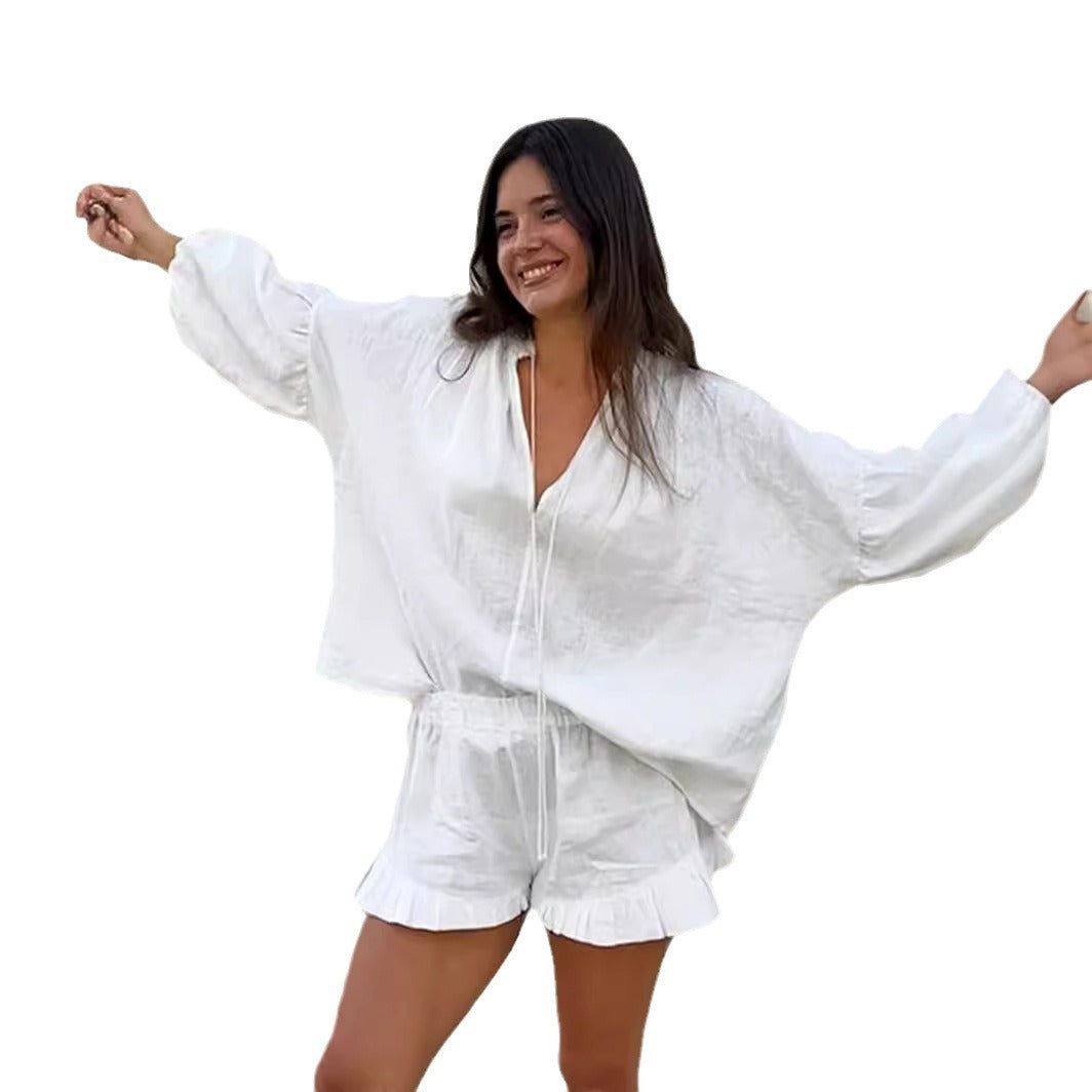 Linen Solid Color Loose Lantern Sleeve Two-piece Summer Suits