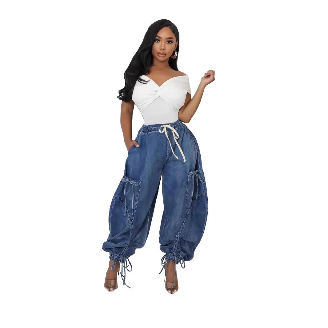 Women's Elastic Waist Drawstring Bow Loose Slimming Jeans