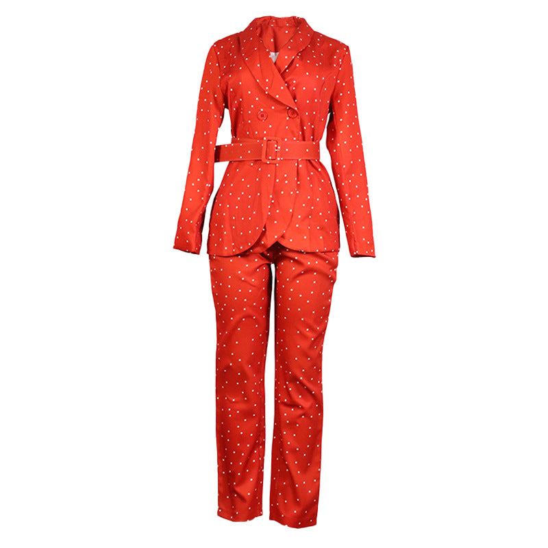 Women's Black Polka Dot Long Sleeve Two-piece Suits