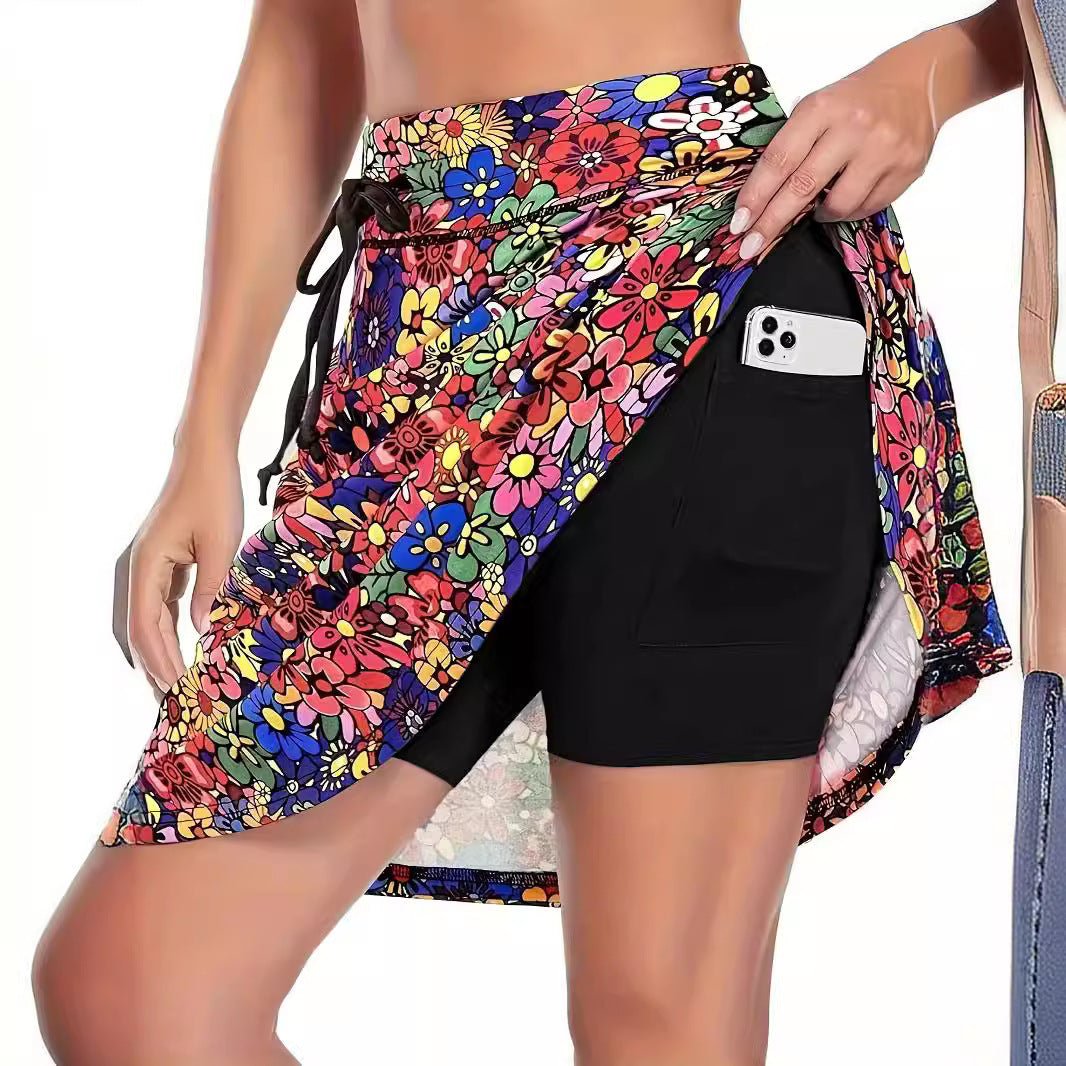 Women's Fashion Casual Printing Pocket Fake Two-piece Skirts