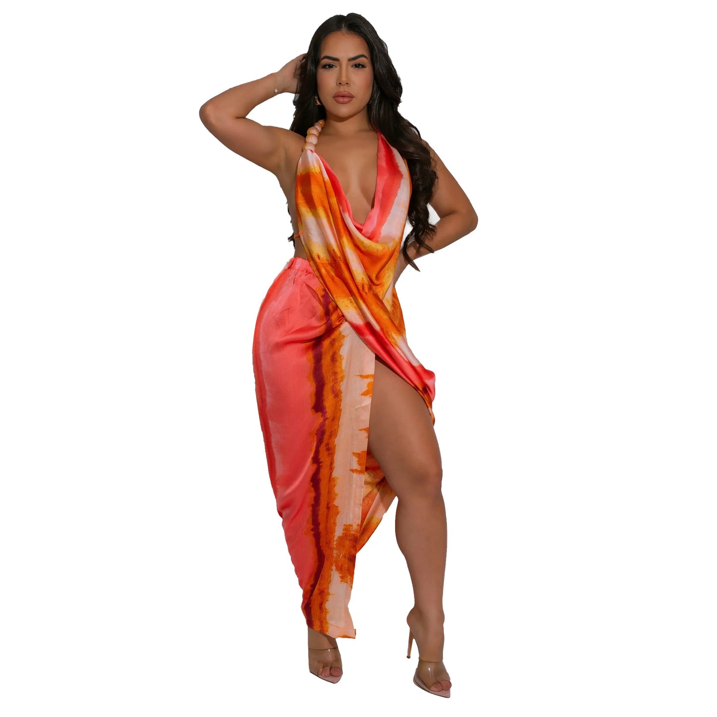 Beaded Halter Sexy High Split Printed Silk Dresses