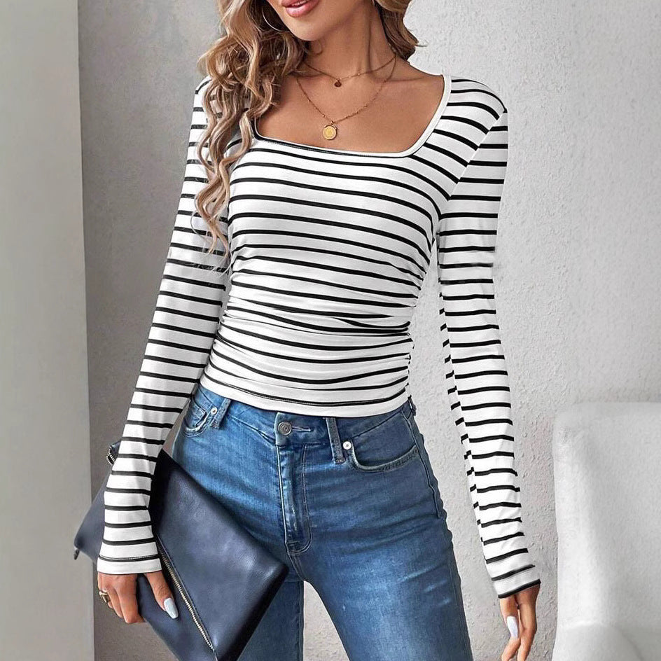 Women's Striped Slim Fit Slimming Knitted Bottoming Shirt Inner Tops
