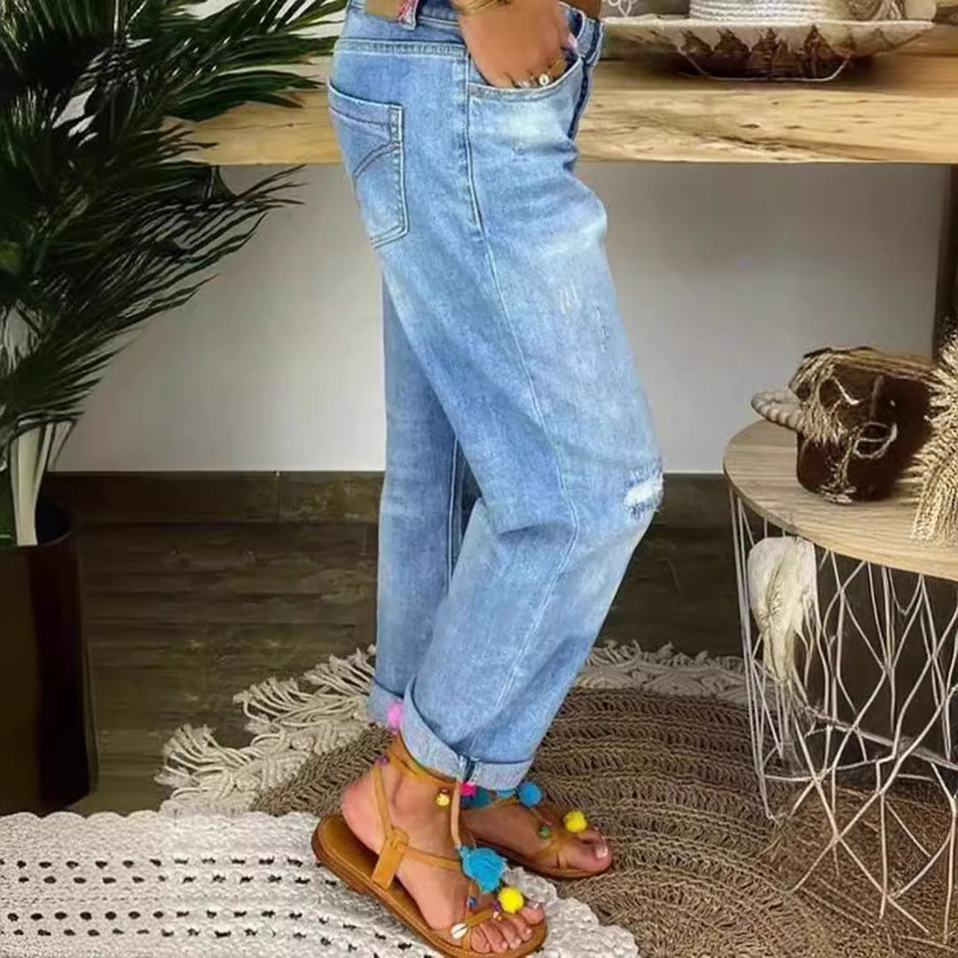 Women's Blue With Holes Loose Straight Casual Jeans