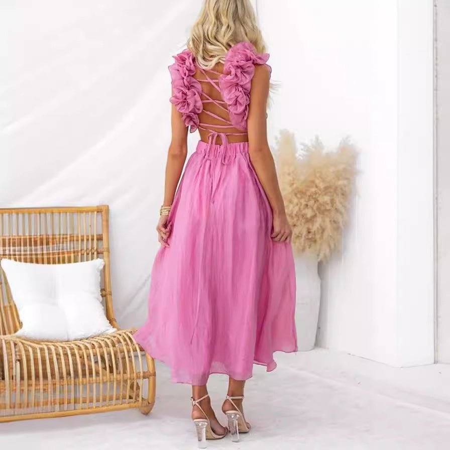Women's Summer Sexy Sleeveless Solid Color Pleated Dresses