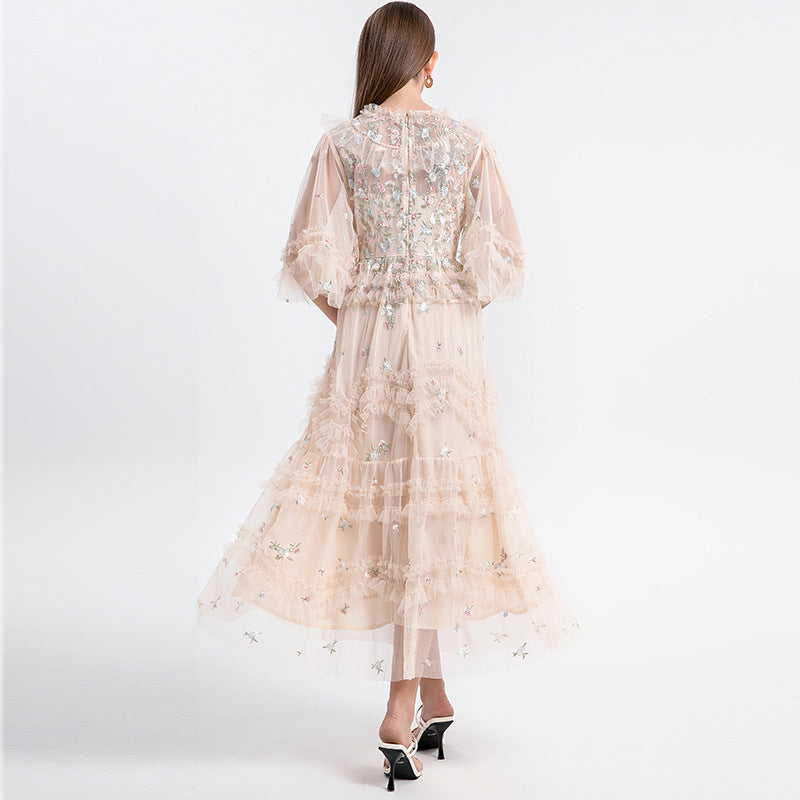 Women's Elegant Dress For French Embroidery Flower Mesh Dresses