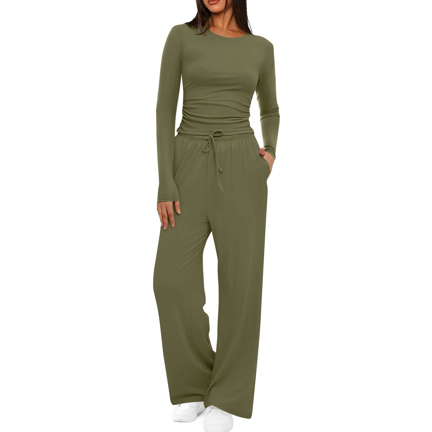 Autumn Solid Color Casual Waist Pleated Tops
