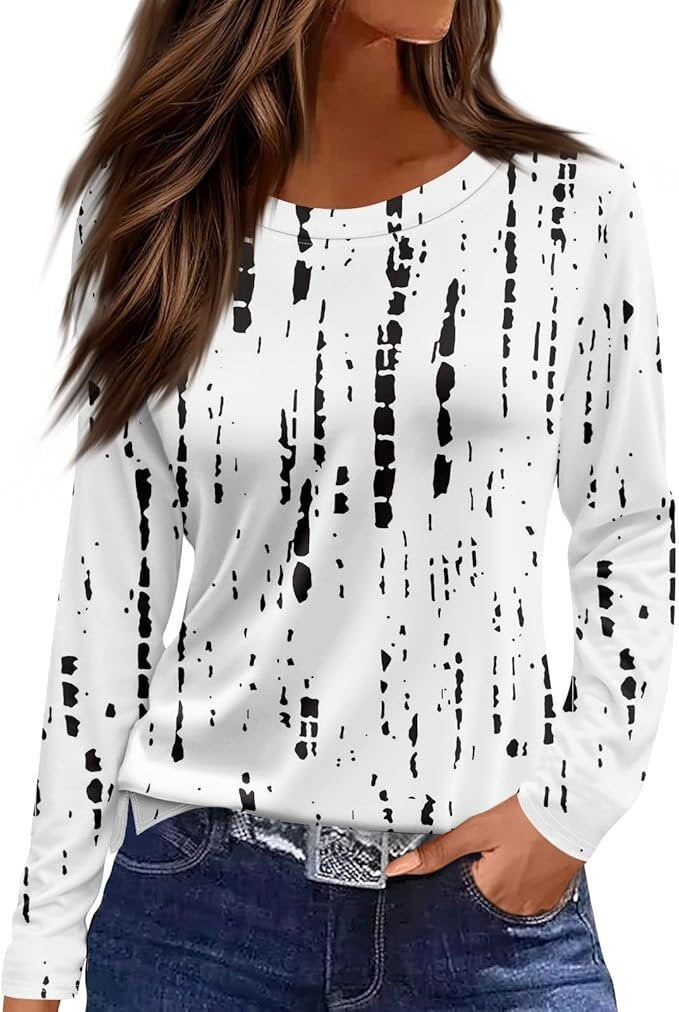 Women's Round Neck Printed Solid Color Long Blouses