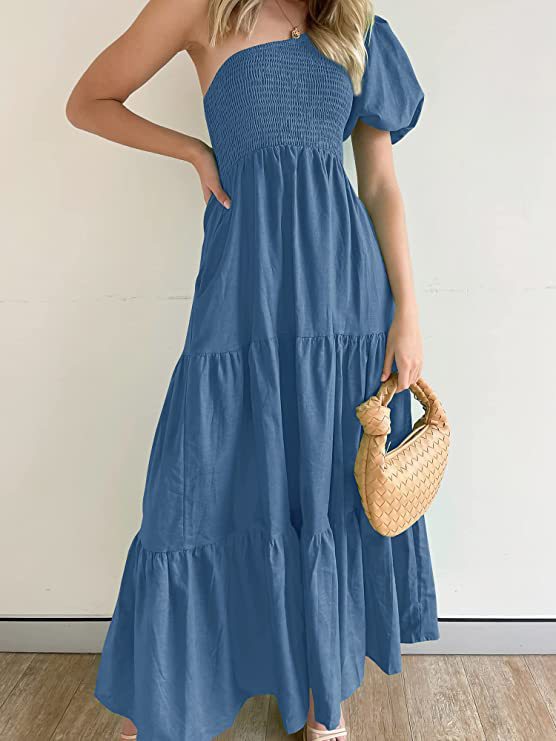 Women's Summer Bohemian Solid Color Smoked Layered Dresses