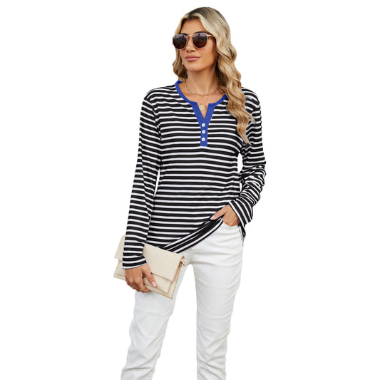 Women's Contrast Color Striped Loose Long Sleeve Blouses