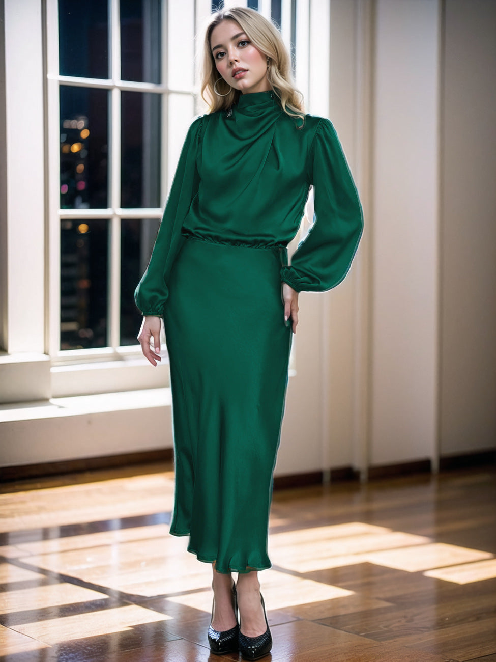 Women's Autumn High-grade Satin Long Sleeve Loose Dresses