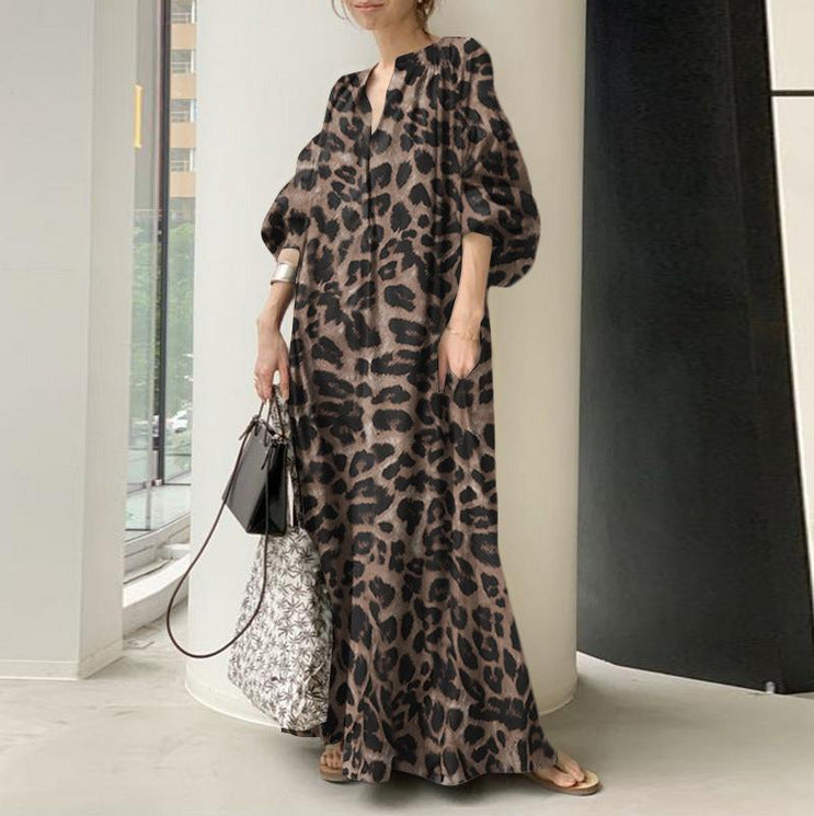 Temperament Leopard Print Printed Stand Collar Puff Sleeve Fashion Loose Dress