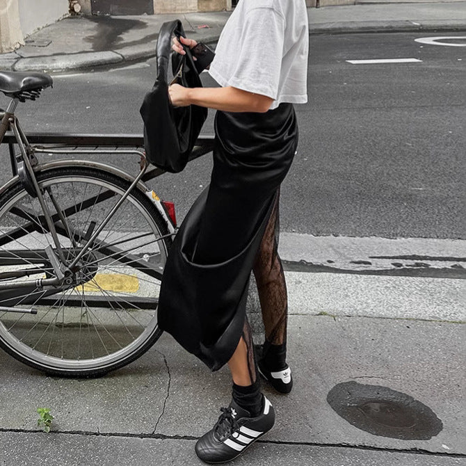 Women's Black Sexy Hot Lace Patchwork Satin Skirts