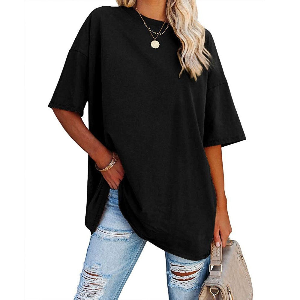 Women's Color Loose Half Sleeve Round Neck Blouses