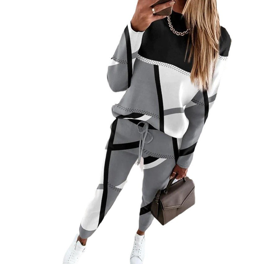 Women's Printing Color Contrast Long Sleeve Crew Suits