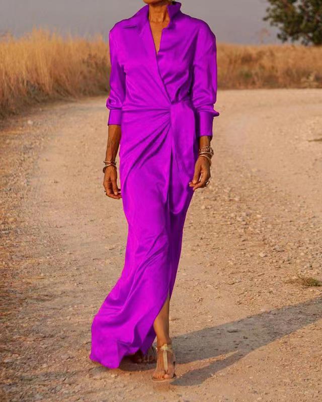Women's Lace Up High Waist Slit Mop Long Sleeve Dress