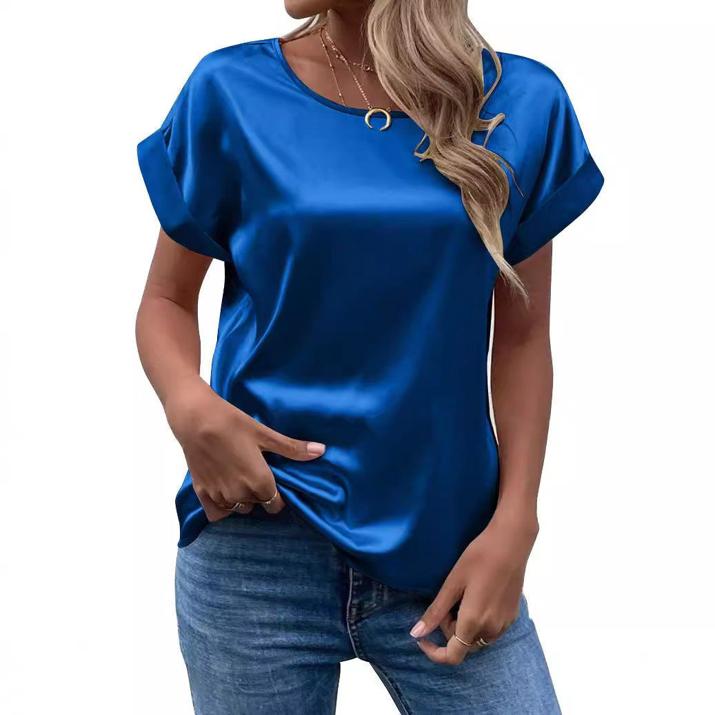 Women's Summer Elegant Satin Pullover Round Neck Blouses