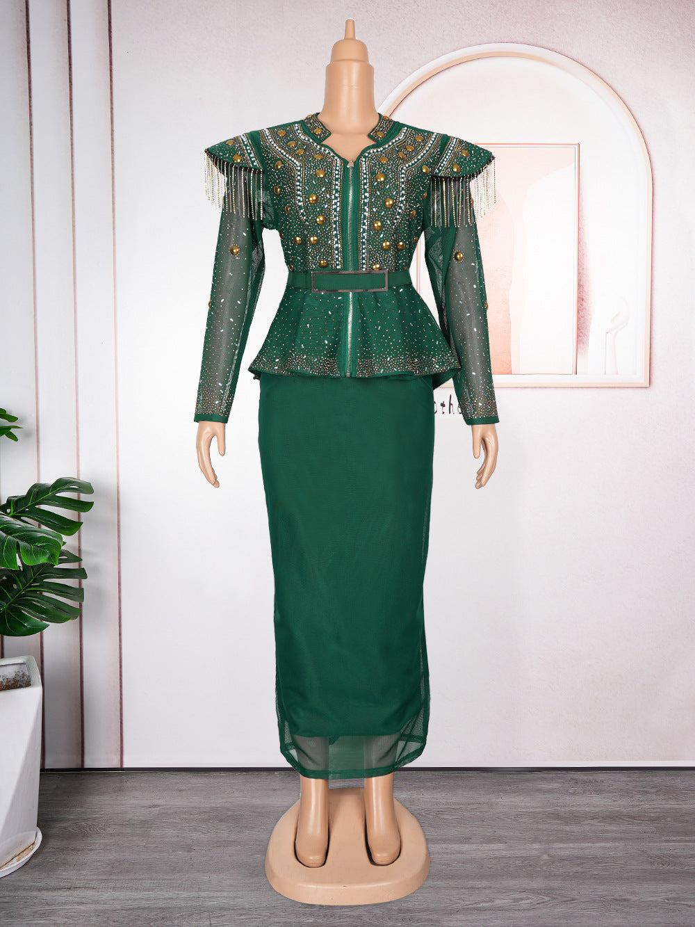 Women's African Dress Rhinestone Two-piece Set Suits