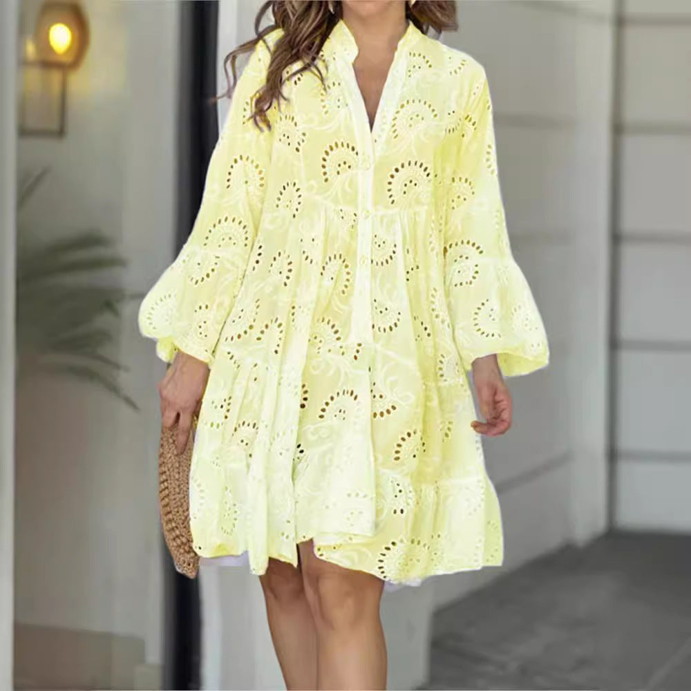 Solid Color Loose Embroidered Cutout Lace Dresses