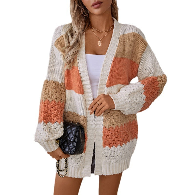Women's Contrast Color Striped Casual Loose Lantern Sweater