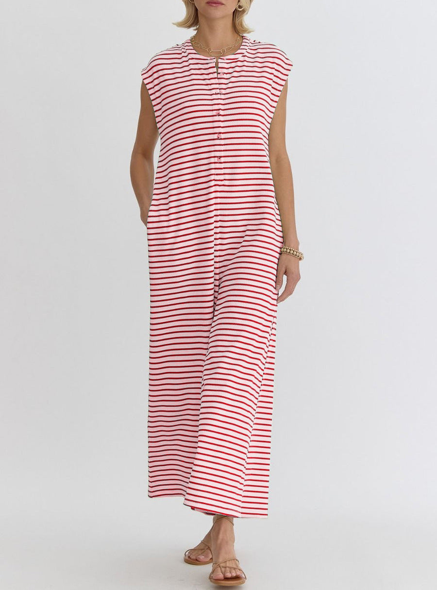 Women's Simple Loose Striped Sleeveless Wide Leg Jumpsuits