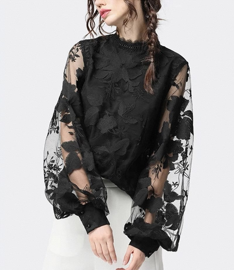 Women's Lace Puff Sleeve Transparent Round Neck Solid Blouses