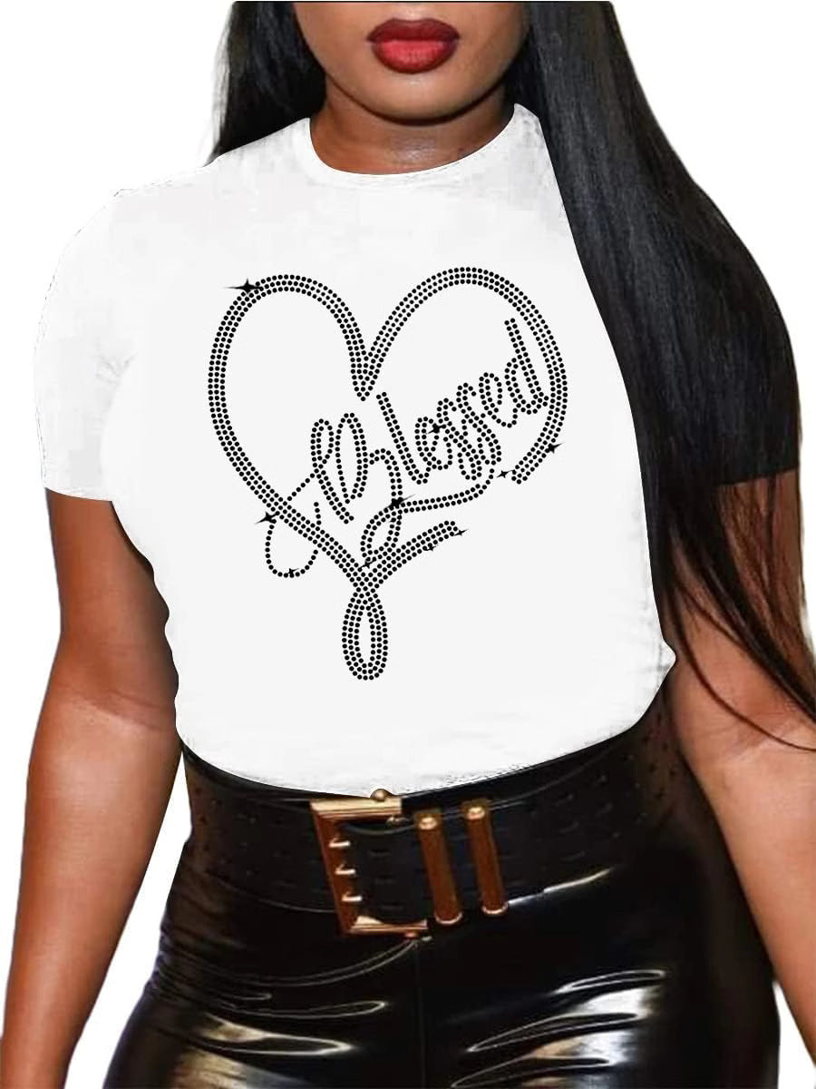 New Attractive Rhinestone Round Neck T-shirt Blouses