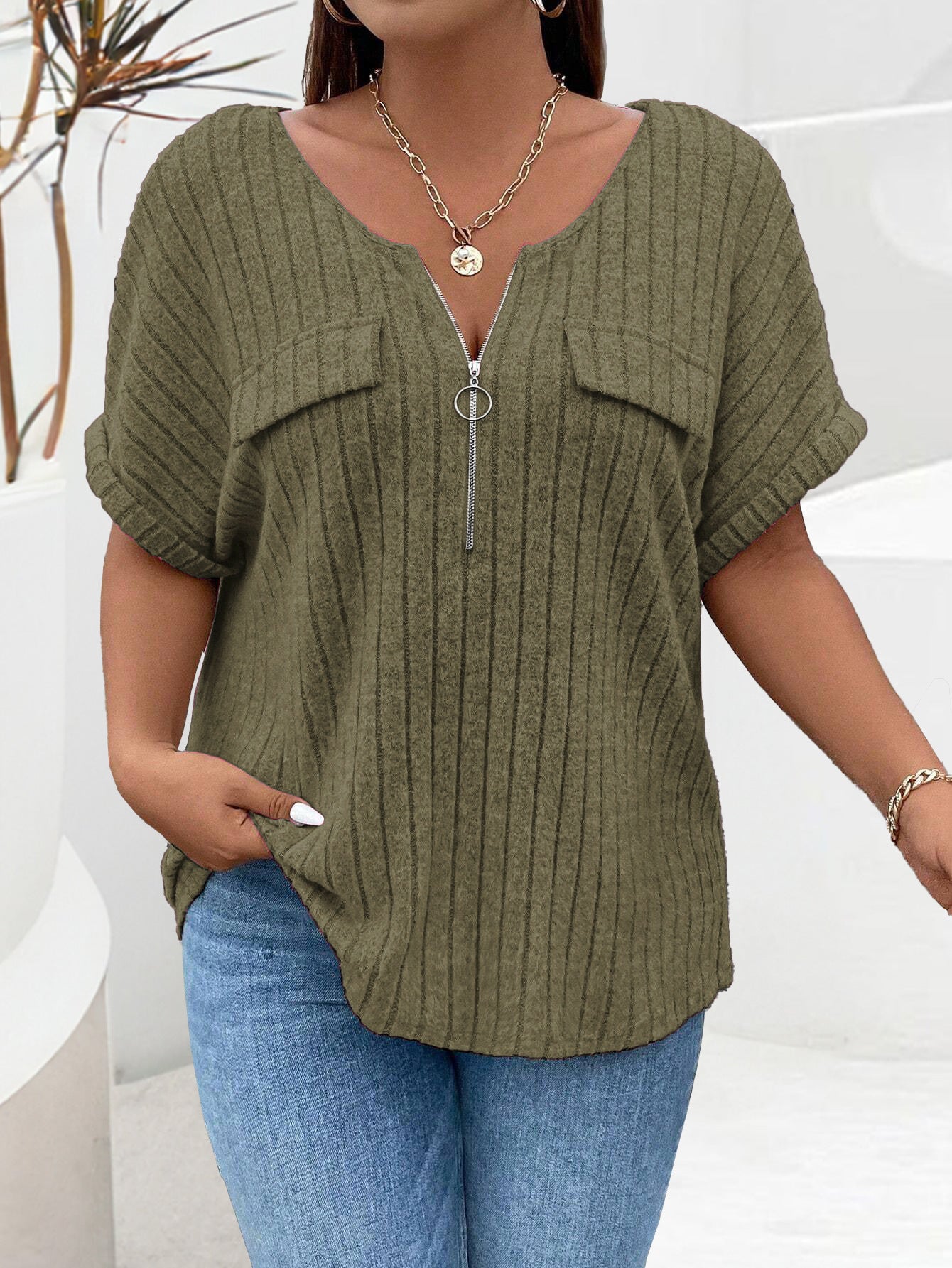 Women's Color Clothes Zipper Sleeve Faux Pocket Blouses