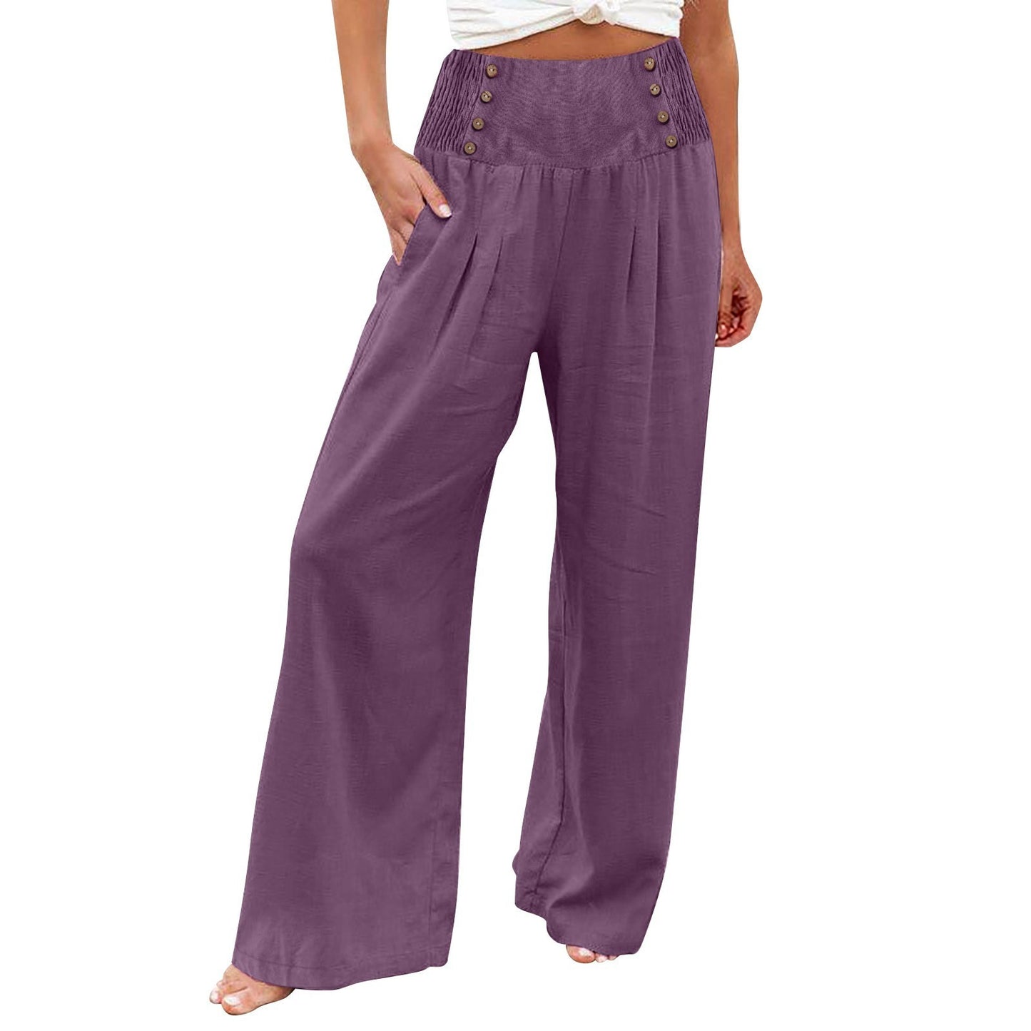 Women's Elastic Waist High Wide Leg Cotton Pants