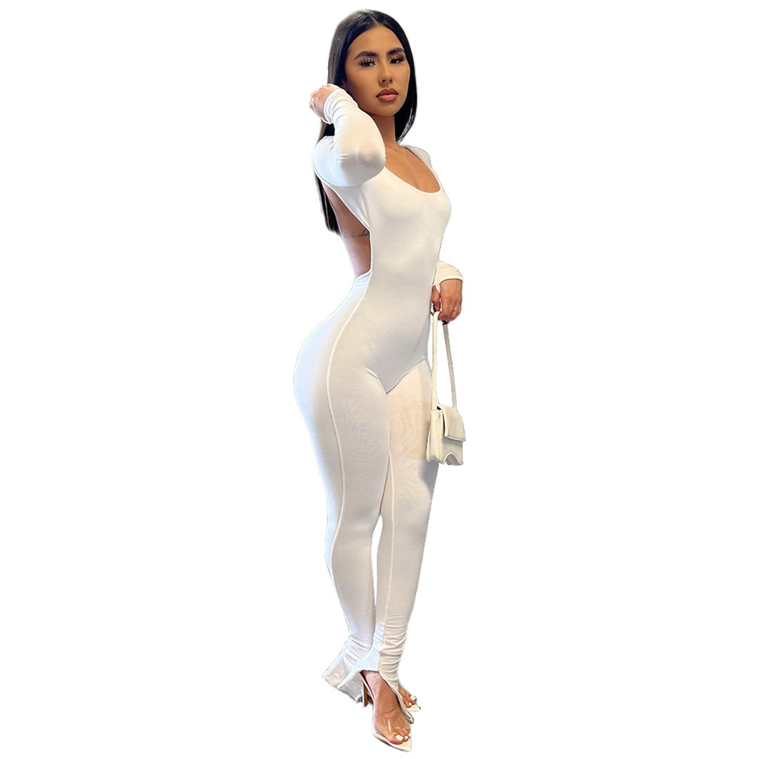 Women's Finger Stall Clothes Solid Color Backless Slit Jumpsuits