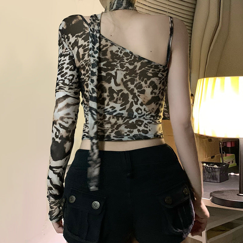 Light Leopard Print Mesh American Hot Street Sexy Blouses