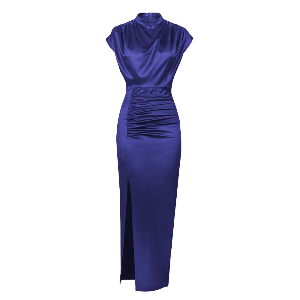 Turtleneck Satin Solid Color Slit Hemline Style Dress