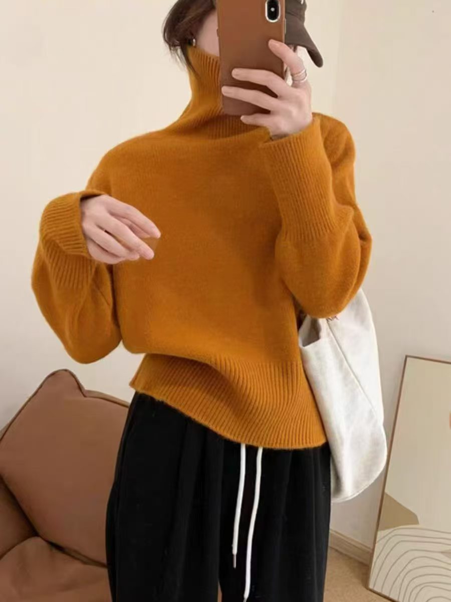 Women's Solid Color Turtleneck Loose Knitted Pullover Lazy Bottoming Sweaters